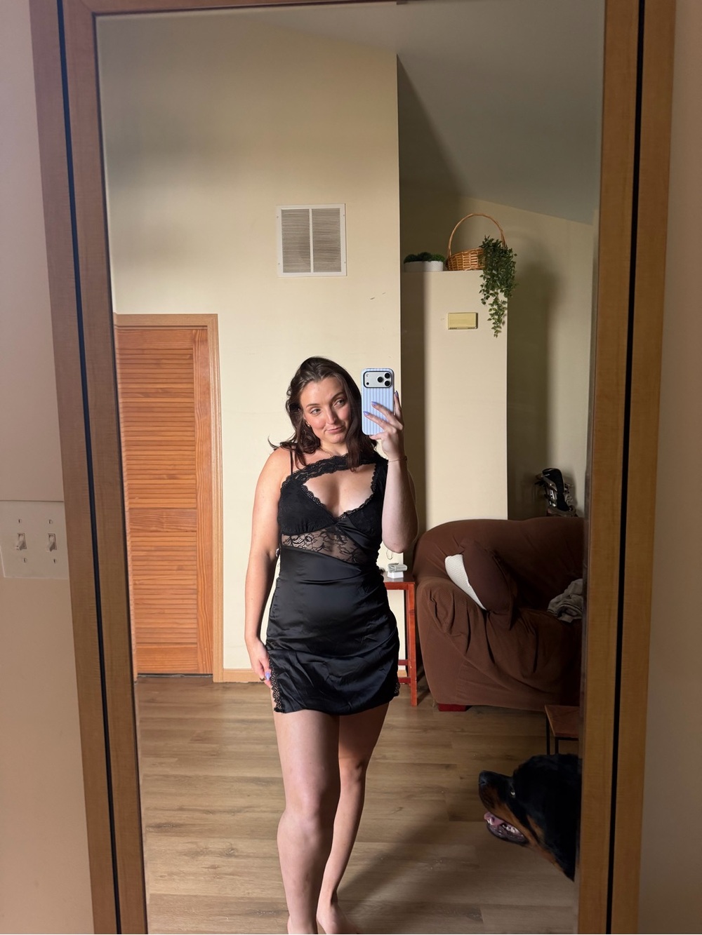 Black Lace Satin Mini Dress with Sheer Bodice